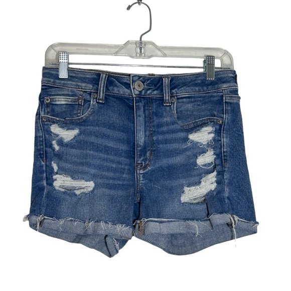 American Eagle Next Level Stretch Hi-Rise Shortie Distressed Denim Shorts - Sz 8 - Picture 1 of 6